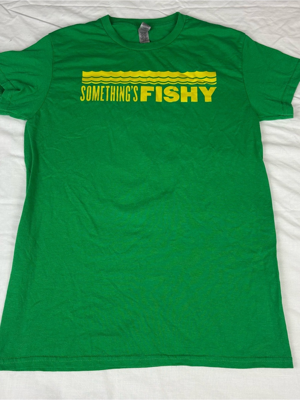 Gildan Green Tee with Yellow "Something's Fishy" Graphic